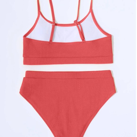 Watermelon Pink Ribbed High Waist Bikini Bathing Suit - Picture 5 of 7